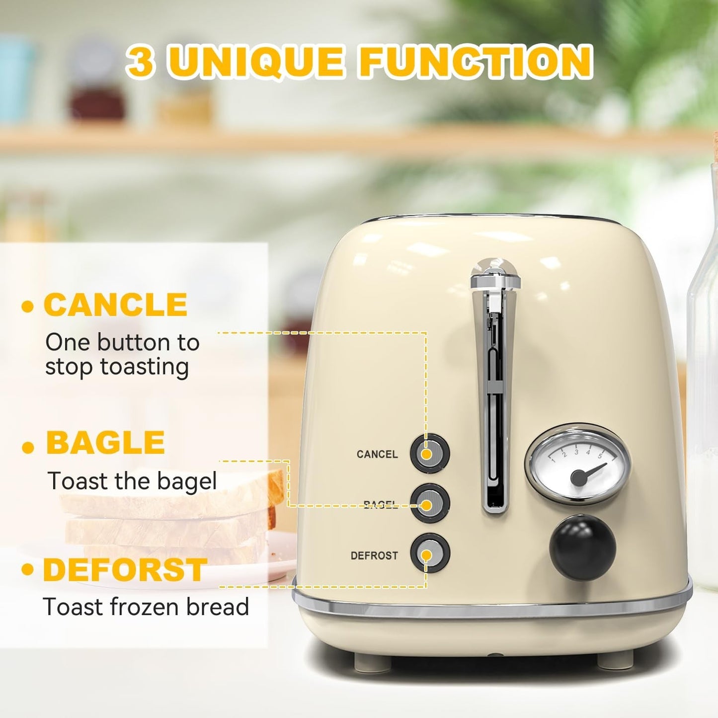 Retro Stainless Steel 2 Slice Toaster with 6 Settings, Extra Wide Slots, Bagel/D4
