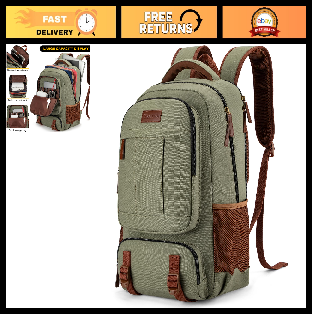 Canvas Laptop Backpack for 15.6" Laptop, Travel Rucksack, Large Capacity Bag for0