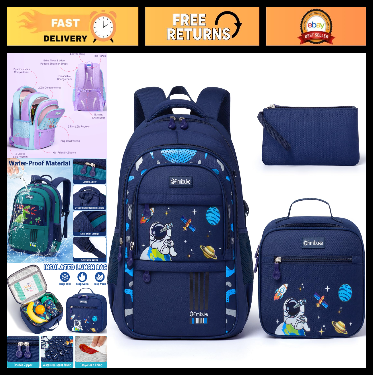 Kids Waterproof Space Backpack with Lunch Box Set   Boys School Bag, Travel Gear0