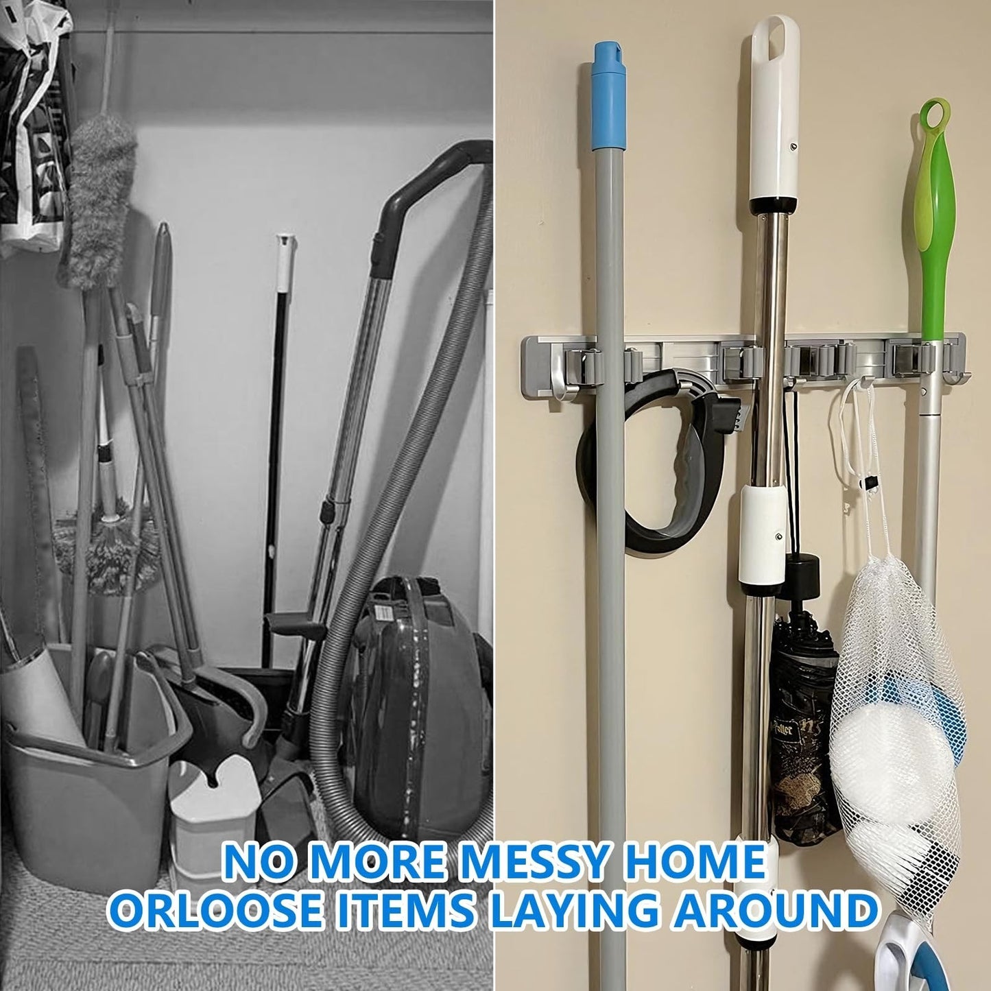 Wall Mount Broom Holder & Mop Hanger - 4 Racks & 5 Hooks Tool Organizer4