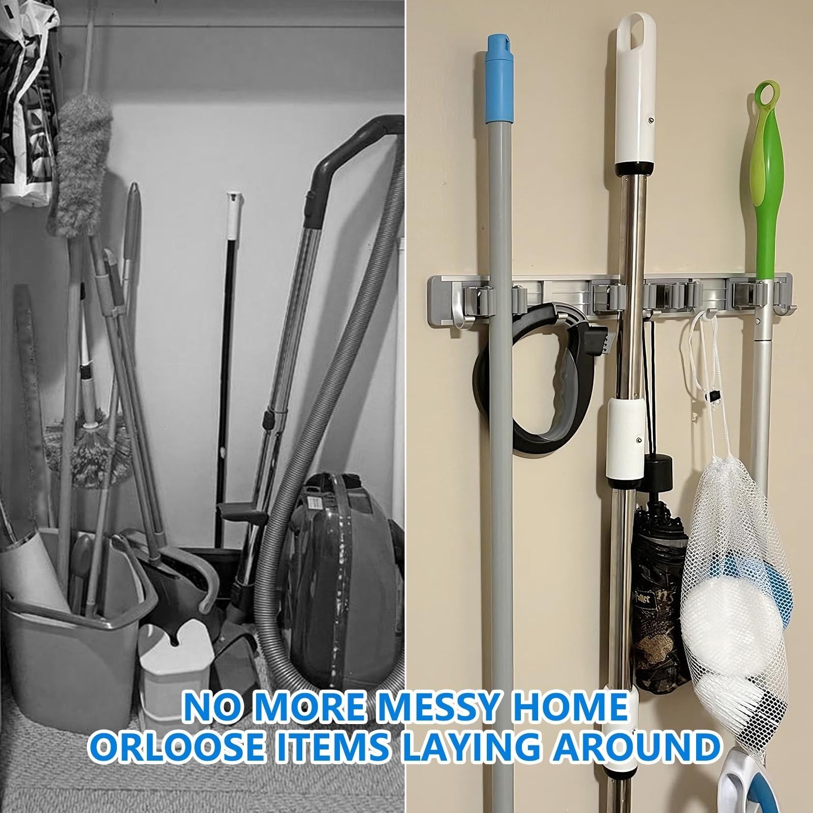 Wall Mount Broom Holder & Mop Hanger - 4 Racks & 5 Hooks Tool Organizer4