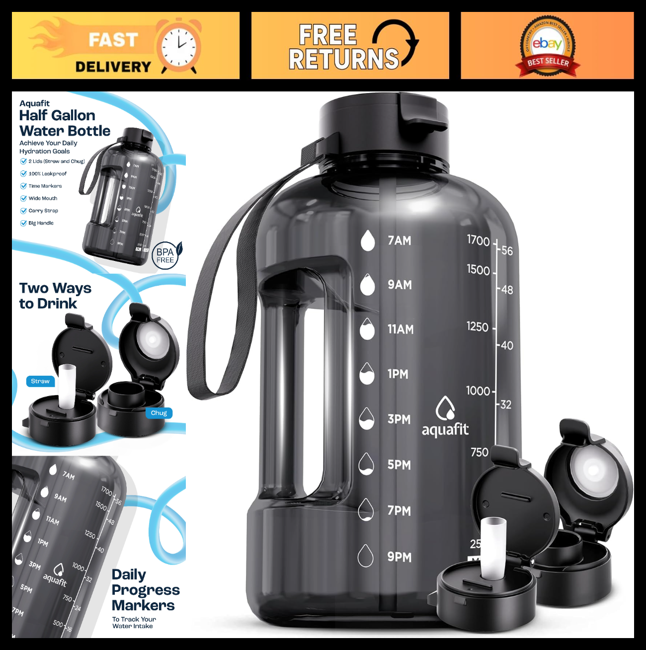 64 oz Water Bottle with Time Marker - BPA Free Gym Jug with Straw & Handle0