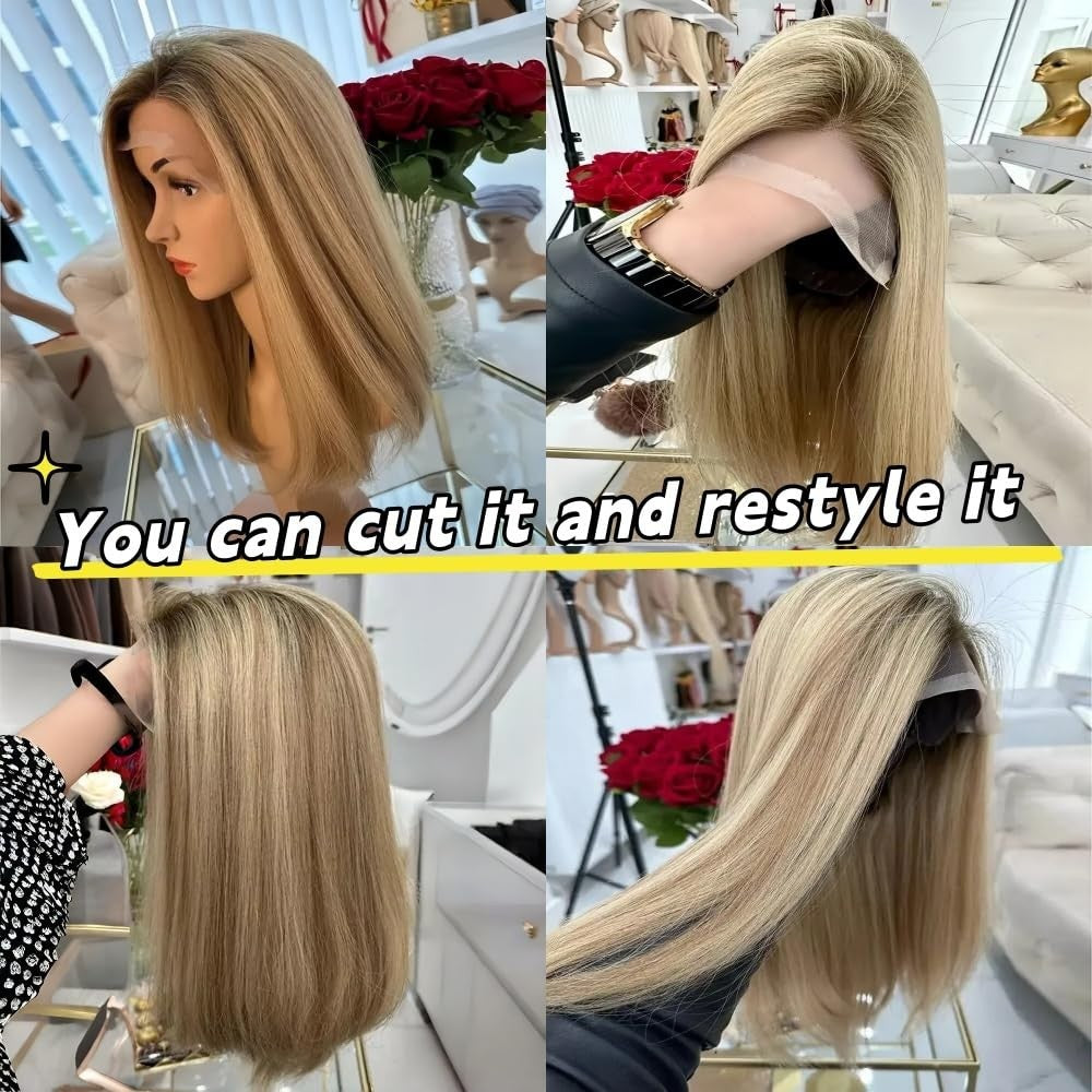 Ombre Balayage Blonde Bob Wig, Lace Front, Heat Resistant, Silky Straight, Daily4
