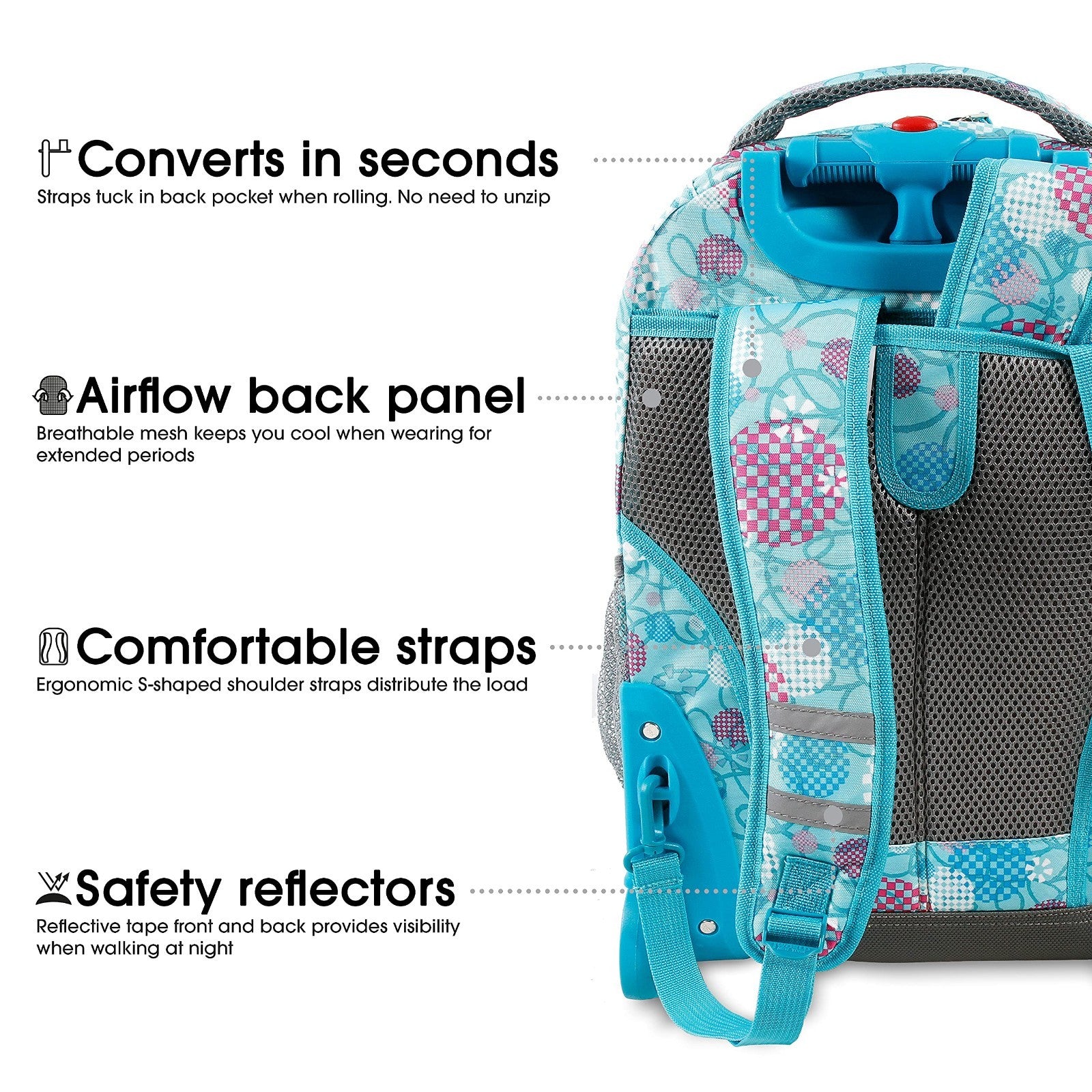 Kids Rolling Backpack with Wheels, School Roller Bookbag for Girls & Boys, 18"x16