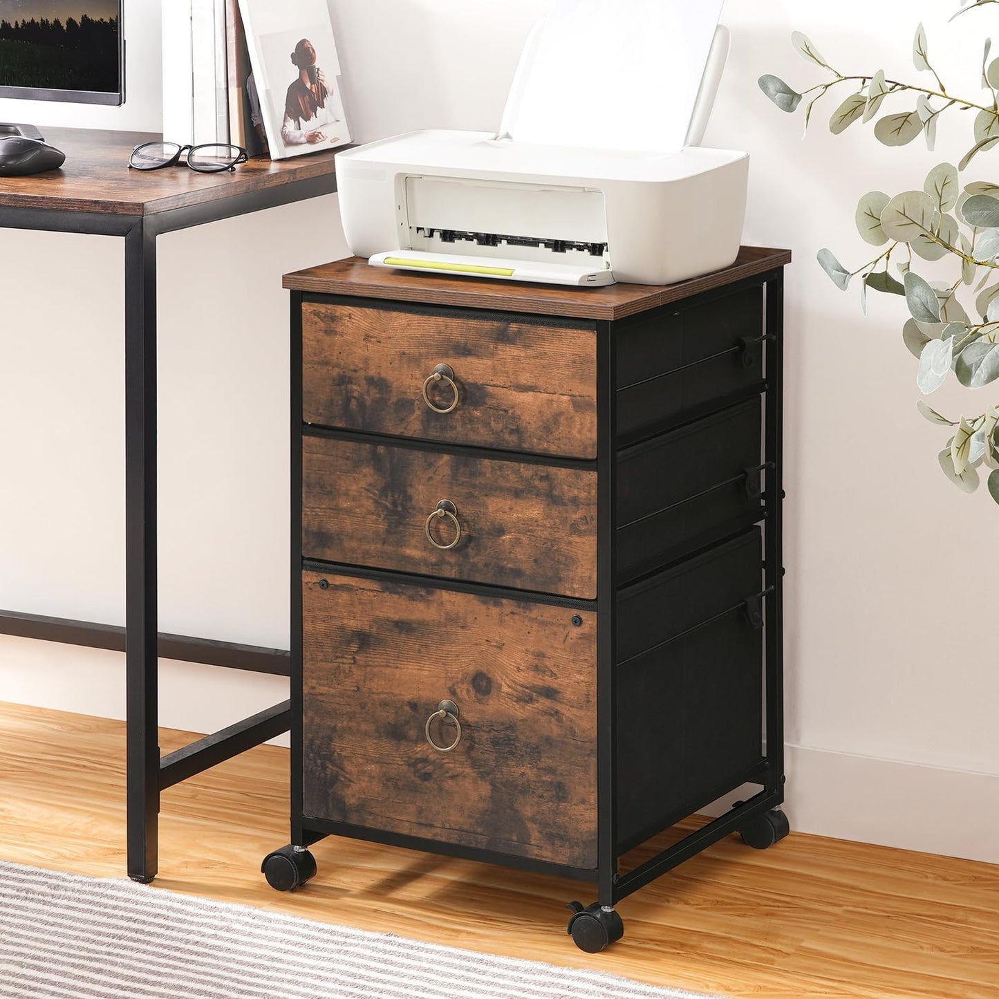 Mobile File Cabinet with 3 Drawers, Rolling Under Desk Cart for Home Office, Rus2