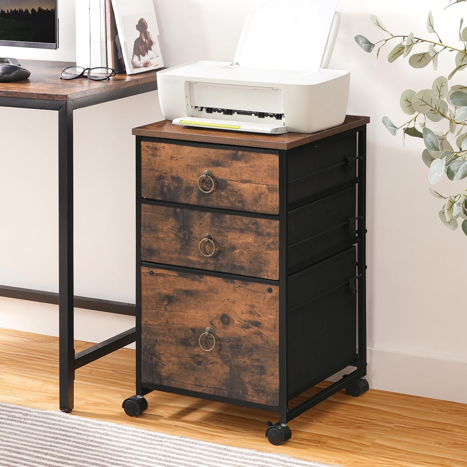 Mobile File Cabinet with 3 Drawers, Rolling Under Desk Cart for Home Office, Rus2