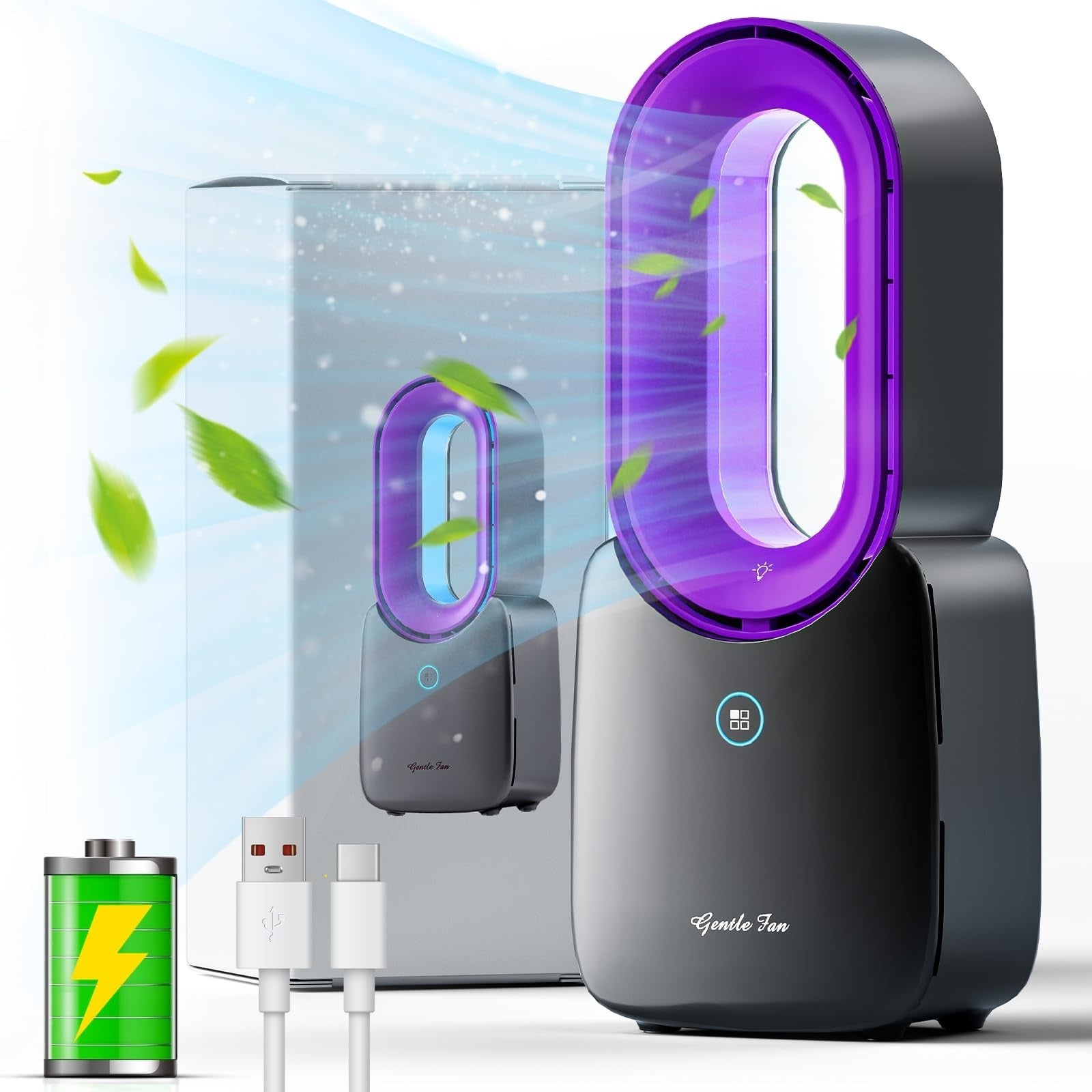 Bladeless Rechargeable Desk Fan with 5 Color LED Light   Quiet 11.8 Inch Table F0
