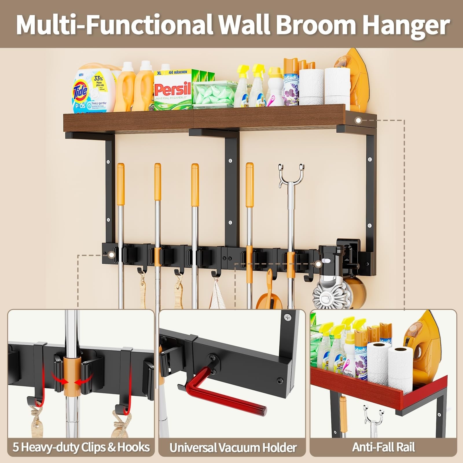 Wall-Mounted Broom and Mop Organizer, Space-Saving Holder for Cleaning Tools3