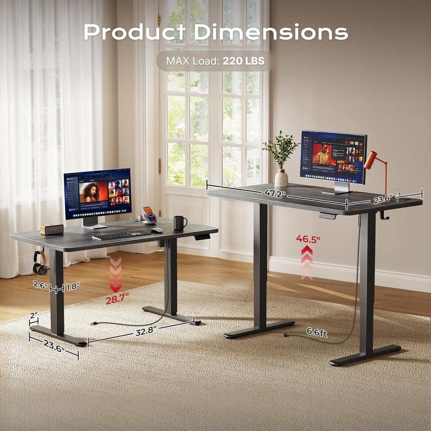 Height Adjustable Electric Standing Desk with USB-C & Power Outlets, 47x24" - Ho4