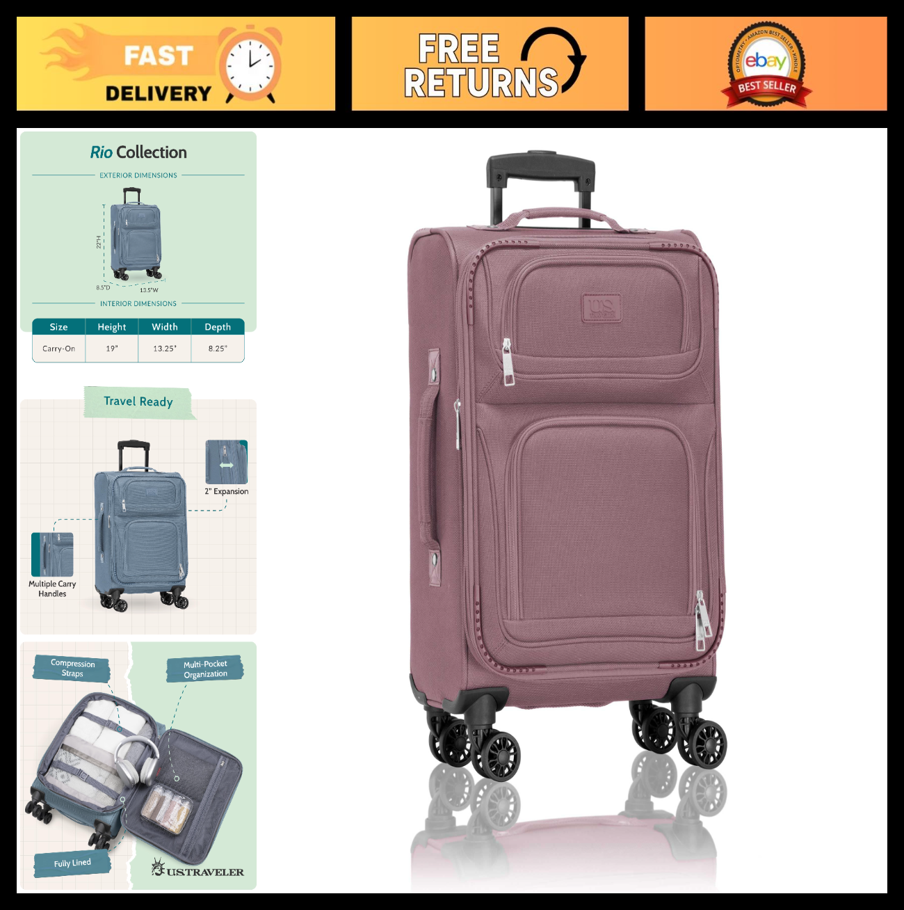 Lightweight Softside Rolling Carry-On Suitcase, 4-Wheel Travel Luggage, Mauve0