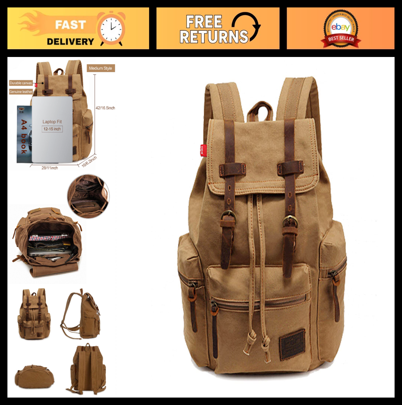 High Capacity Vintage Canvas Backpack for School, Travel, 12 15" Laptop Rucksack0