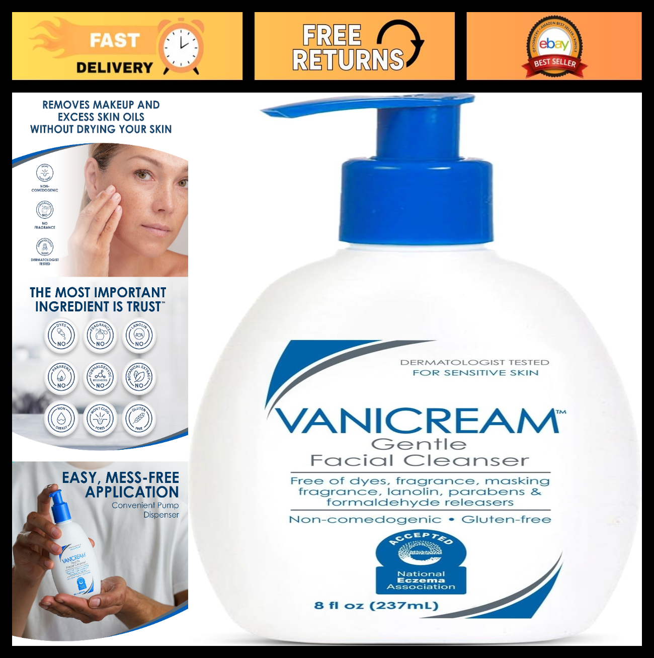 Gentle Facial Cleanser with Pump, 8 Fl Oz - Sensitive Skin, Makeup Remover, Non-0