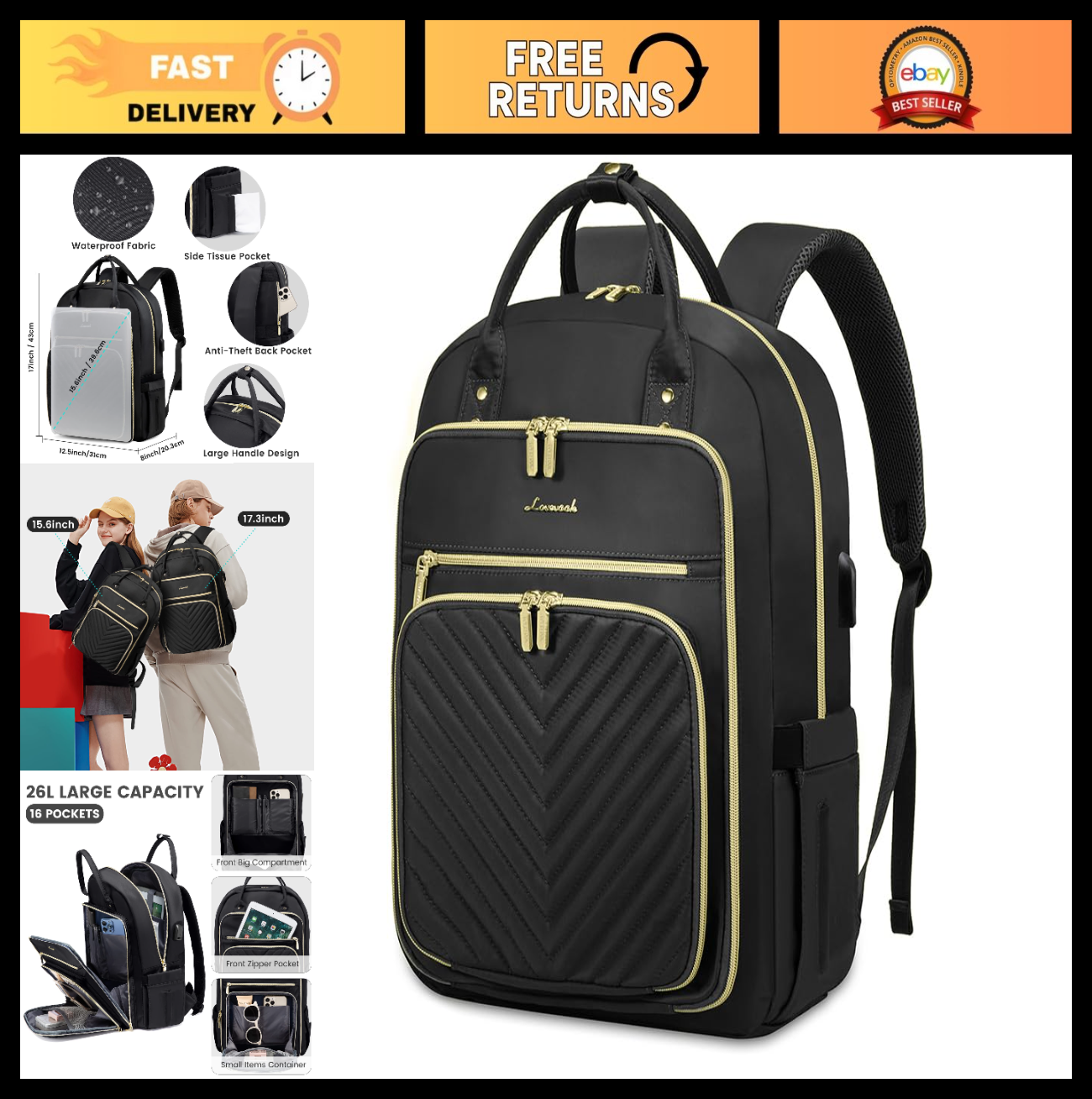 Stylish 15.6" Laptop Backpack for Women, Waterproof Travel Bag with USB Port, Bl0