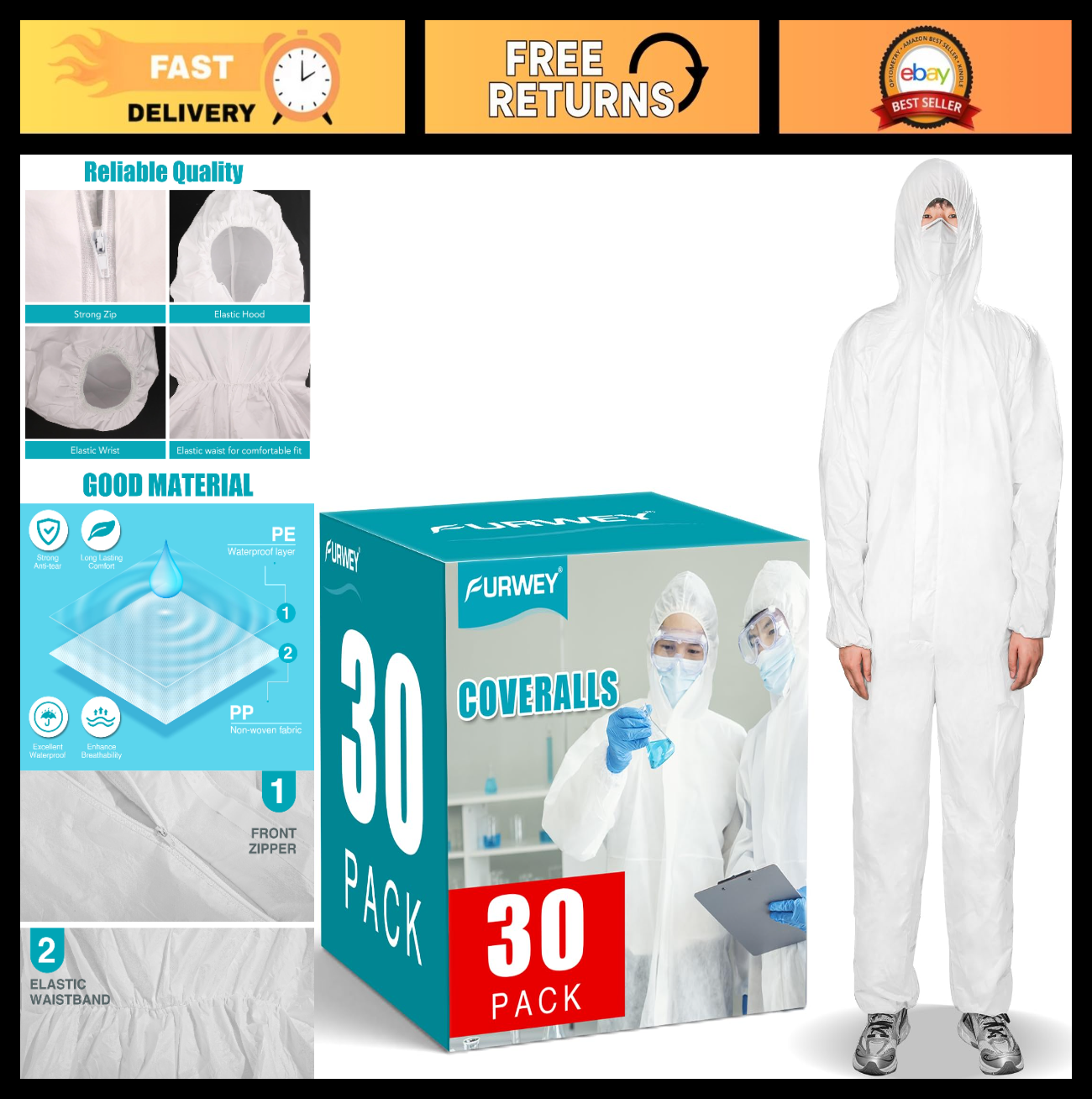30 Pack Disposable Hazmat Suits   Heavy Duty Full Body Coveralls, Elastic Wrists0