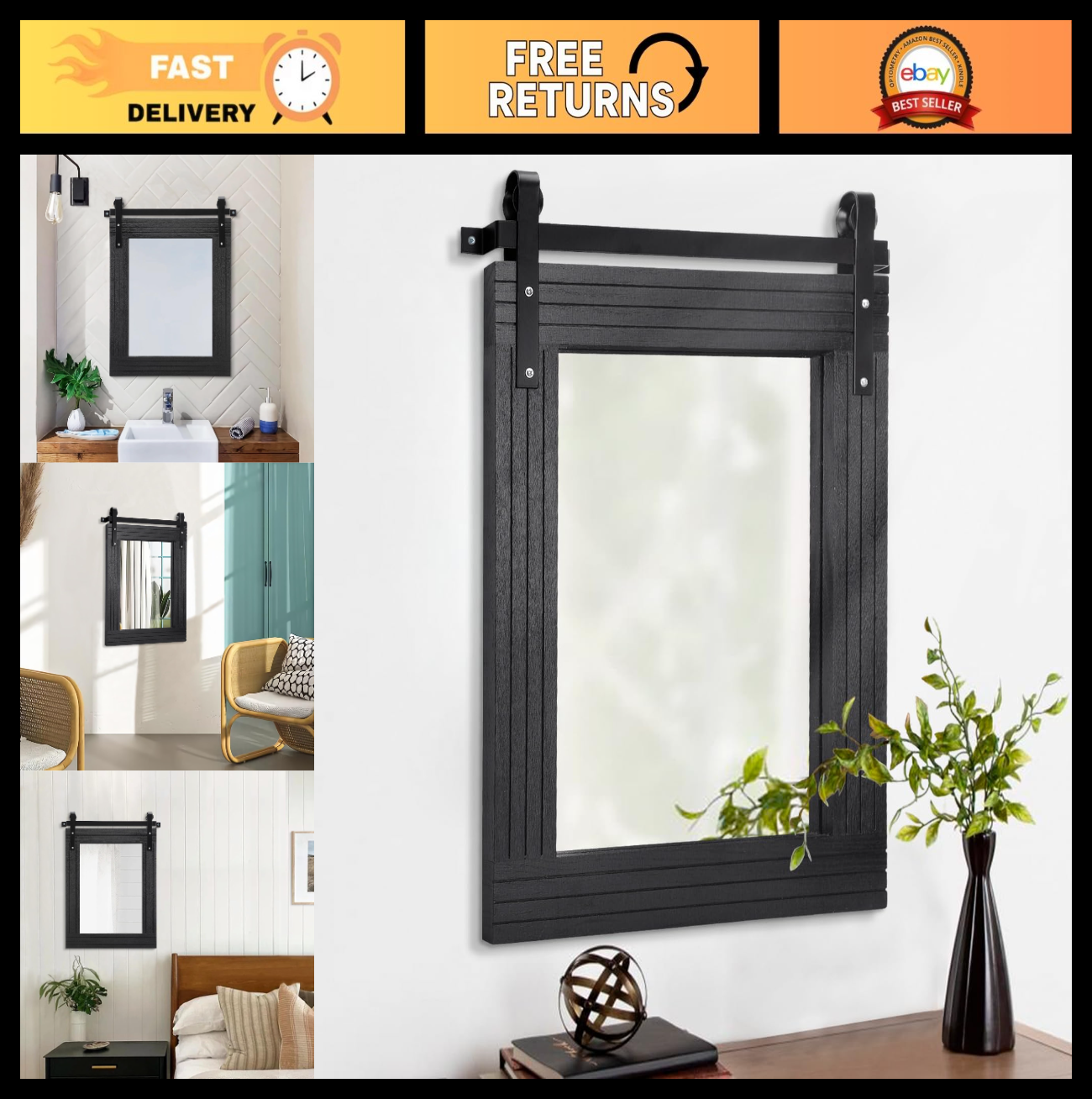 Large Black Framed Rectangle Wall Mirror - Barn Door Style for Bathroom, Bedroom0