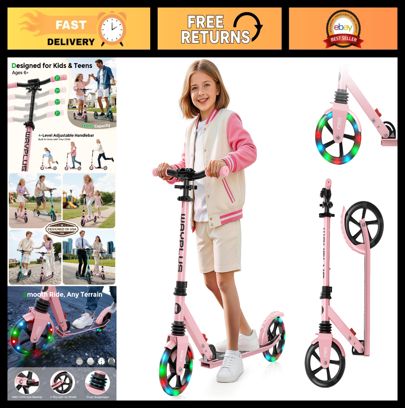 Kick Scooter for Kids, Teens & Adults - 8" Big Wheels, 240lb Capacity, Ages 6+0