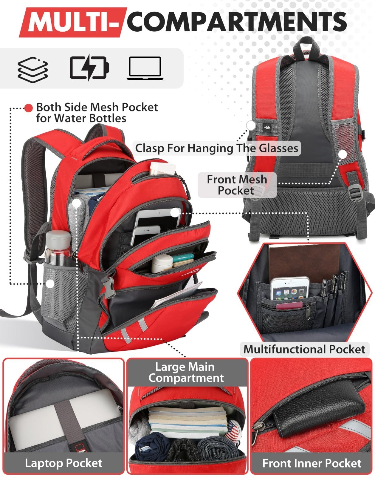 College Laptop Backpack with USB Charging Port, Anti Theft, Fits 15.6"   Red2