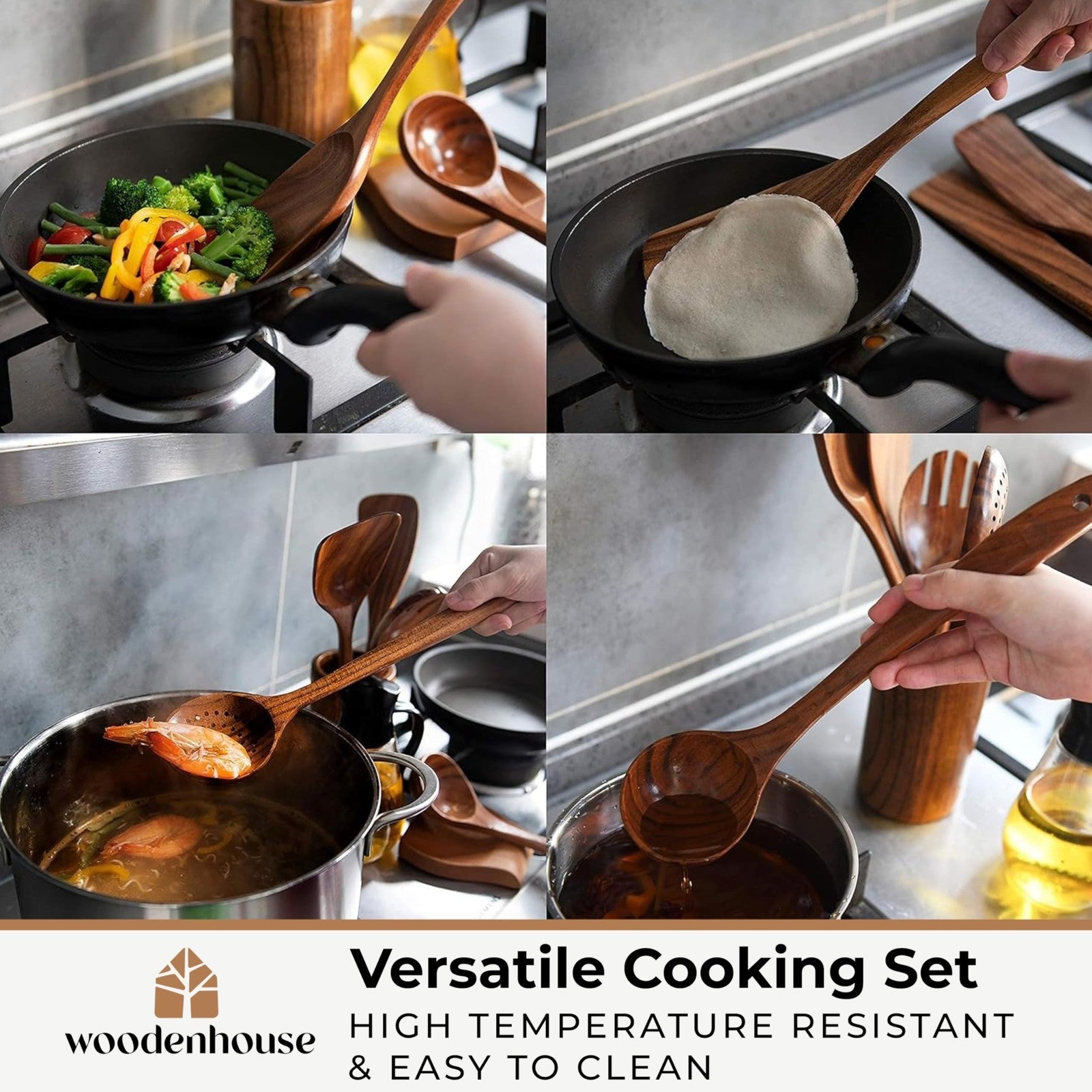 12 Pcs Wooden Cooking Spoons Set with Holder & Hooks | Heat Resistant, Nonstick5