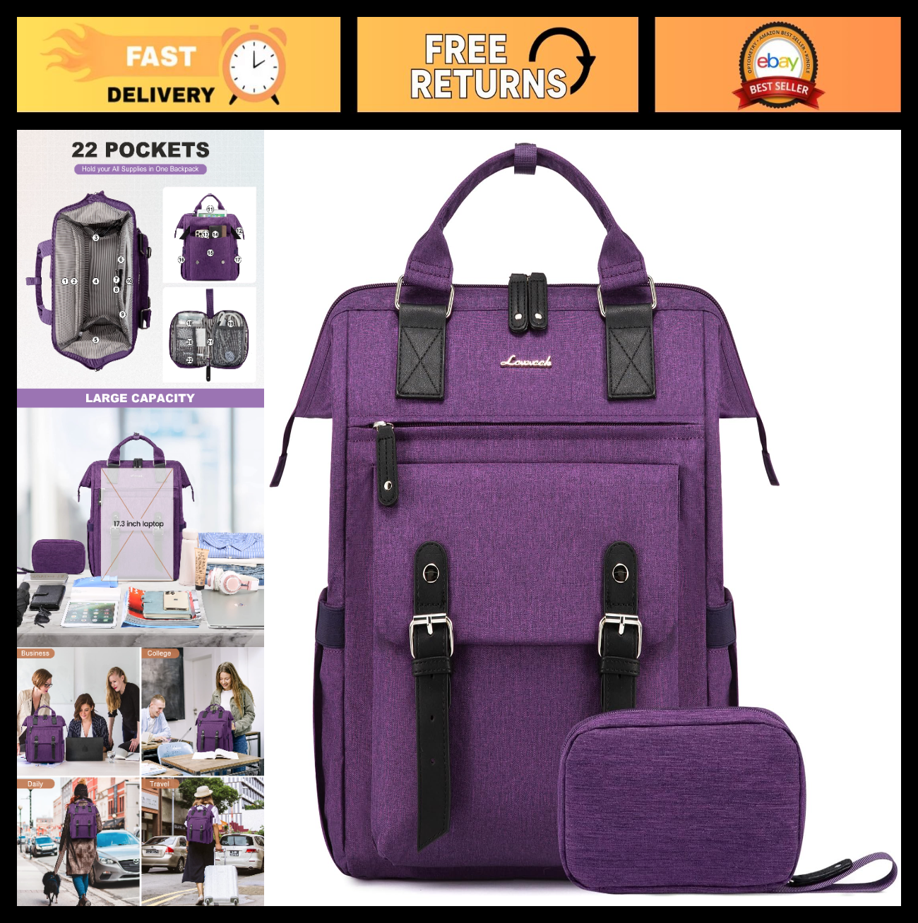 Stylish Laptop Backpack for Women   Anti Theft Travel Bag with USB Port, Dark Pu0