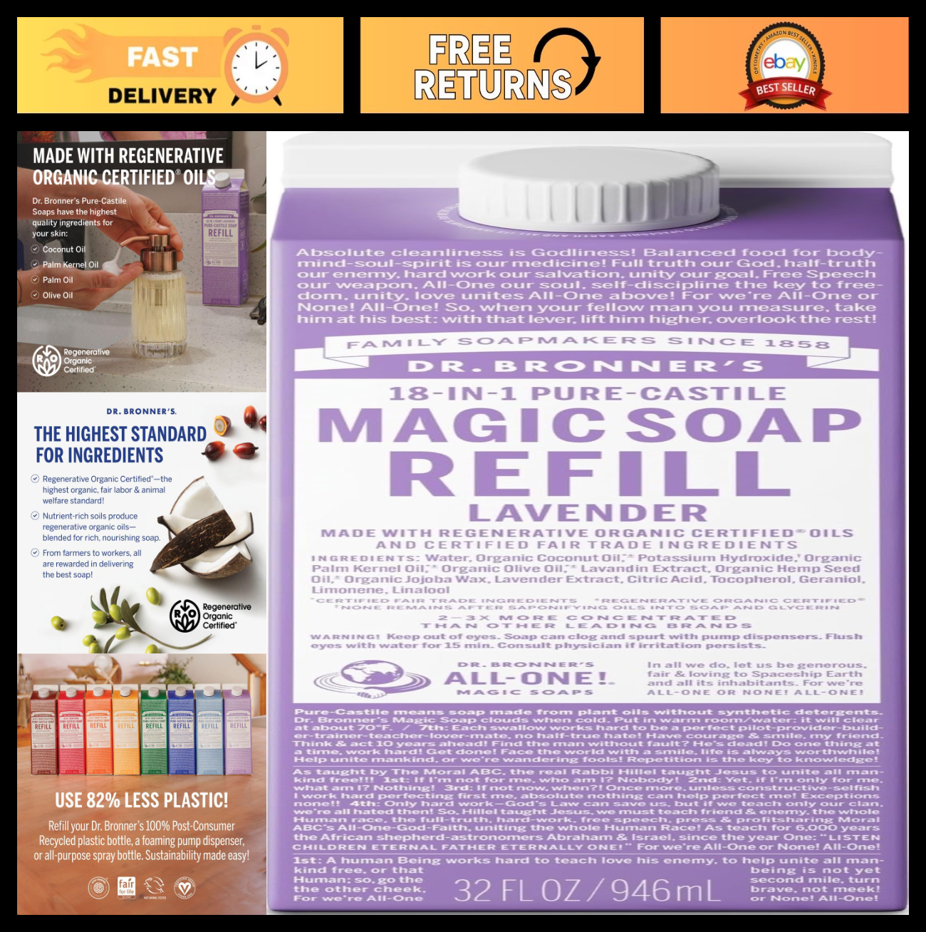Pure-Castile Liquid Soap Refill - Lavender, 32oz - 18-in-1 Uses, Eco-Friendly, O0