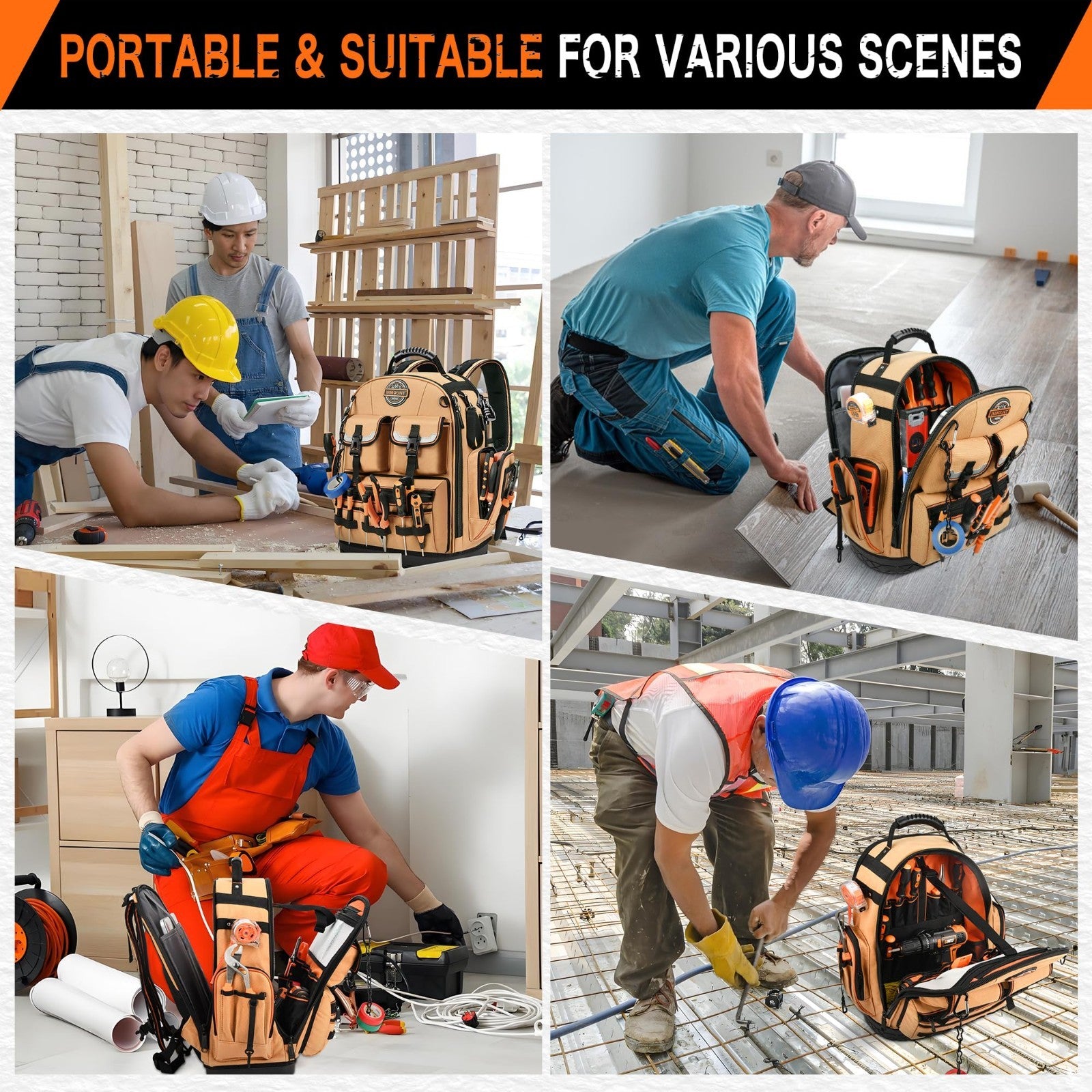 Heavy Duty Tool Backpack 18.5"   56 Pockets, Molded Bottom, Durable Brown Storag6