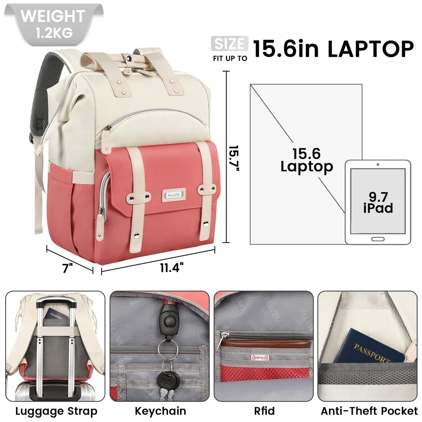 Stylish Laptop Backpack for Women, 15.6" Water Resistant Travel Bag with RFID Po1