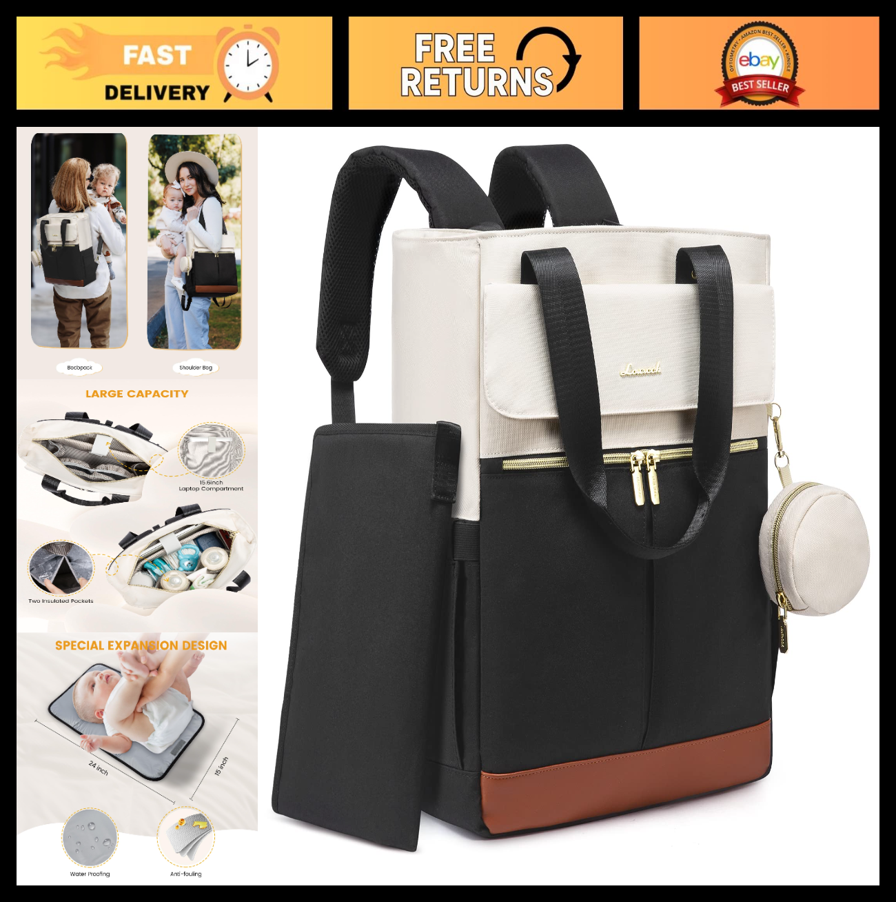 Diaper Bag Backpack Tote with Insulated Pockets & Changing Pad   Stylish & Funct0
