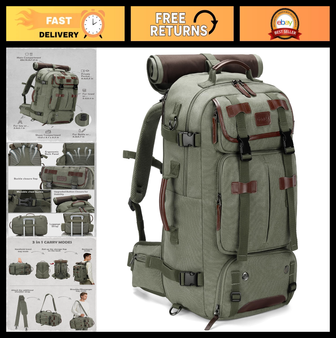 40L Convertible Laptop Backpack, Airline Approved, Stylish Green, Versatile Trav0