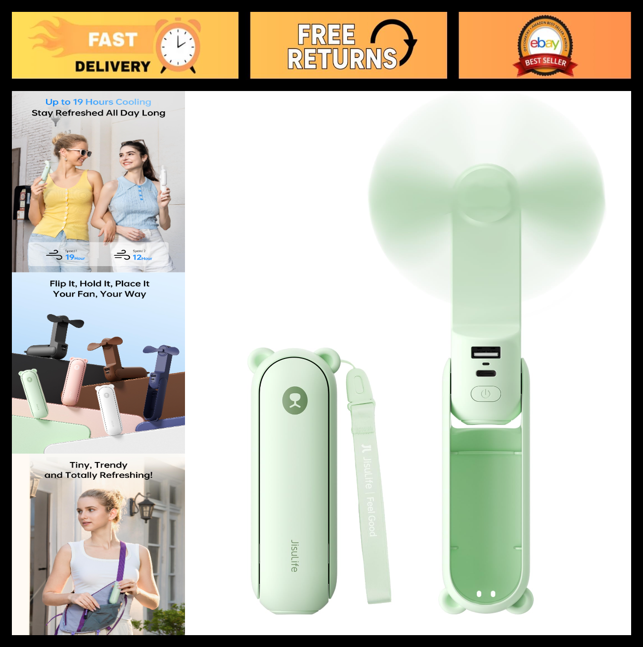 3 in 1 Portable Fan with Power Bank & Flashlight | USB Rechargeable, 19H Cooling0