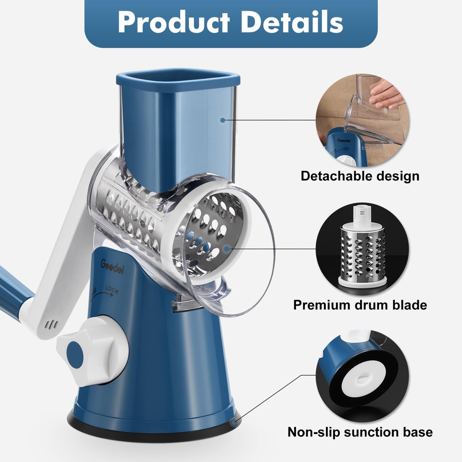 Rotary Cheese Grater & Vegetable Slicer   3 Blades, Stainless Steel, Fast Cuttin5