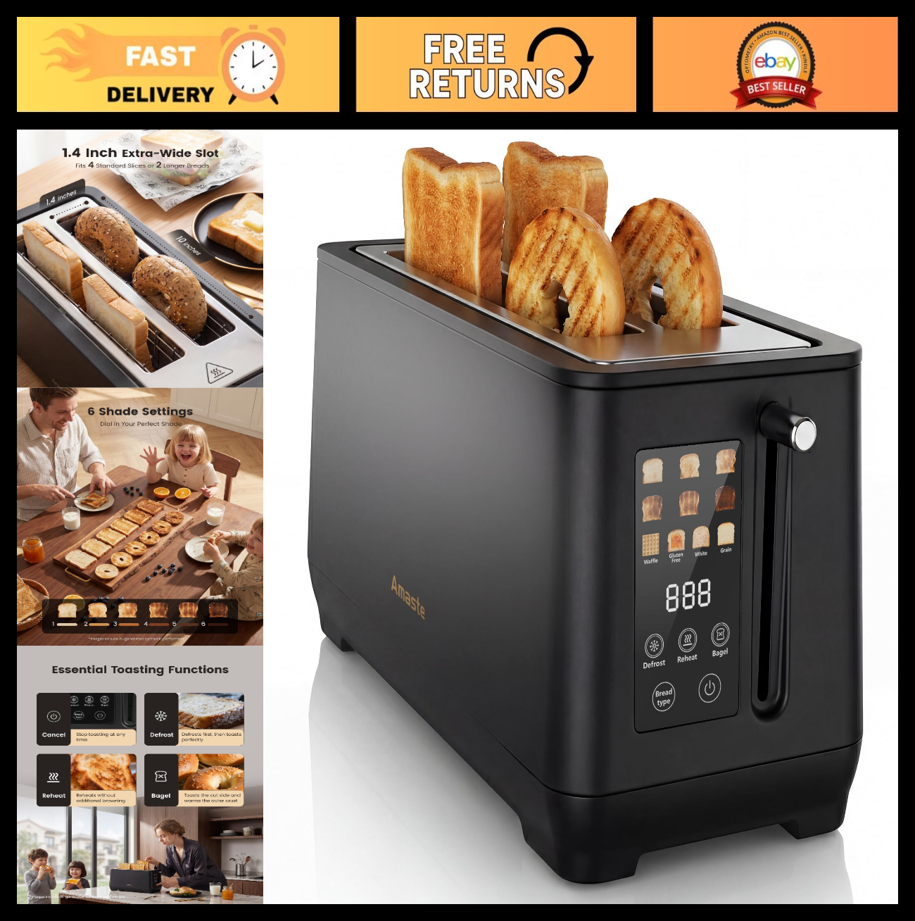 4 Slice Retro Toaster with Touch Screen, Extra Wide Slots, 6 Browning Levels, De0