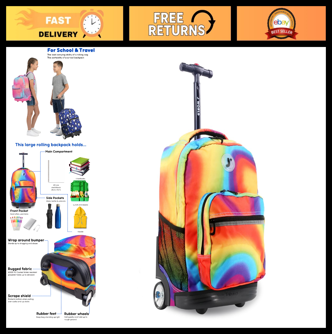 Kids Rolling Backpack with Wheels, 18" School Bookbag for Girls & Boys, Durable0