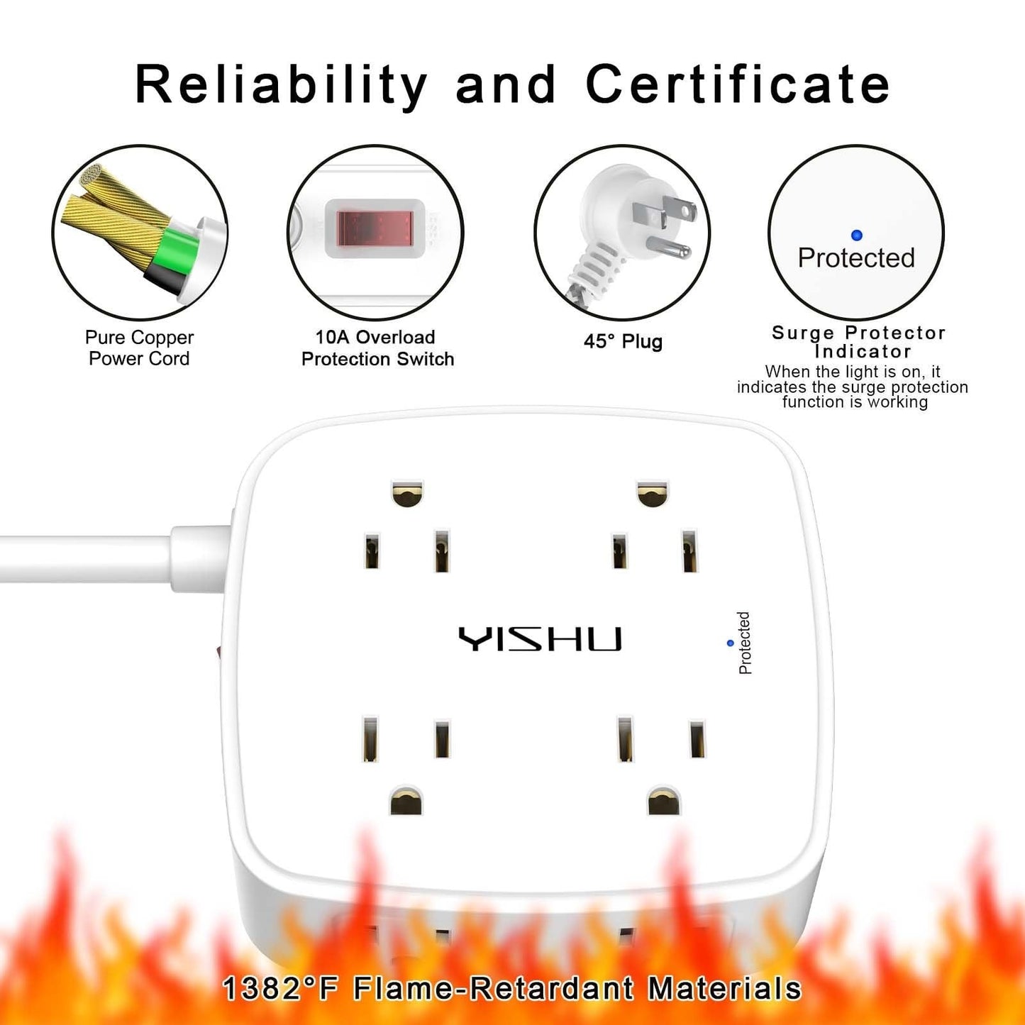 8 Outlet Surge Protector Power Strip with 4 USB Ports, 3ft Extension Cord, Wall5