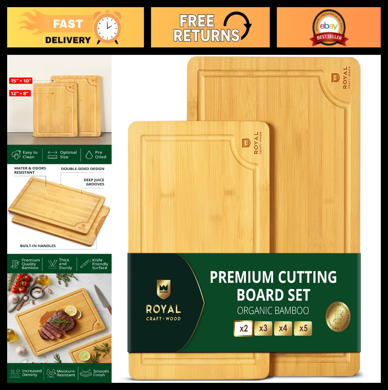 Wooden Cutting Boards Set   Bamboo Kitchen Prep & Serving Board with Juice Groov0