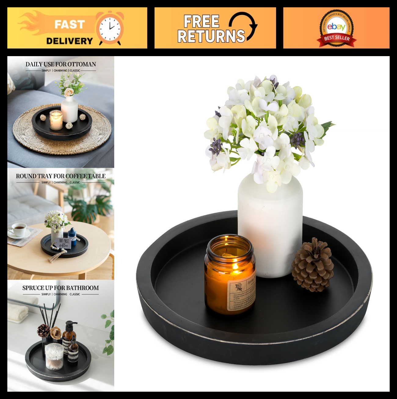Round Black Wooden Tray for Coffee Table - Vintage Candle Holder Plate, Rustic D0