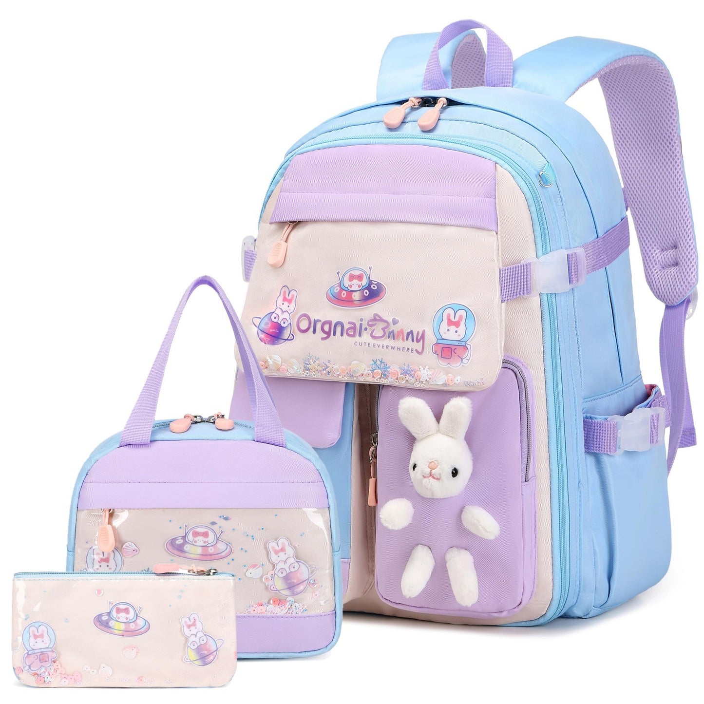 Cute Bunny Girls Backpack Set   3PCS School Bag with Lunch Box & Pencil Case, Bl1