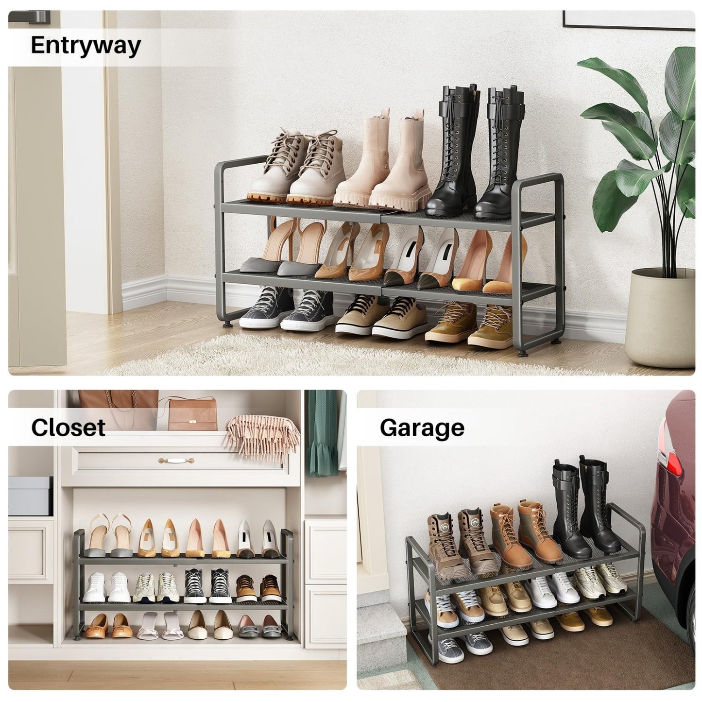 Expandable Shoe Rack Organizer   Adjustable Metal Storage Shelf, Stackable 2 Tie7