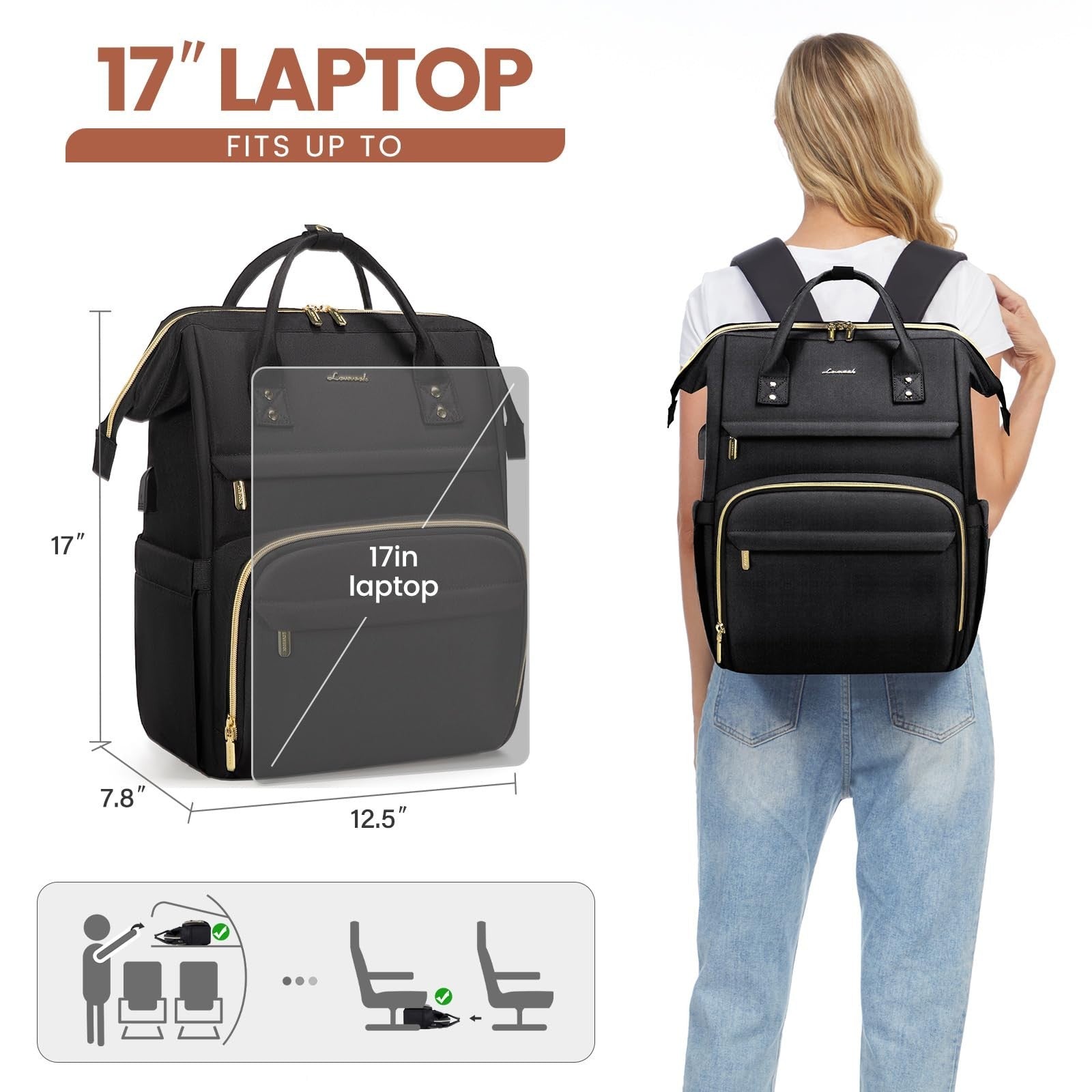 Stylish 17" Laptop Backpack for Women   Waterproof Travel Bag with USB Port, Ide4