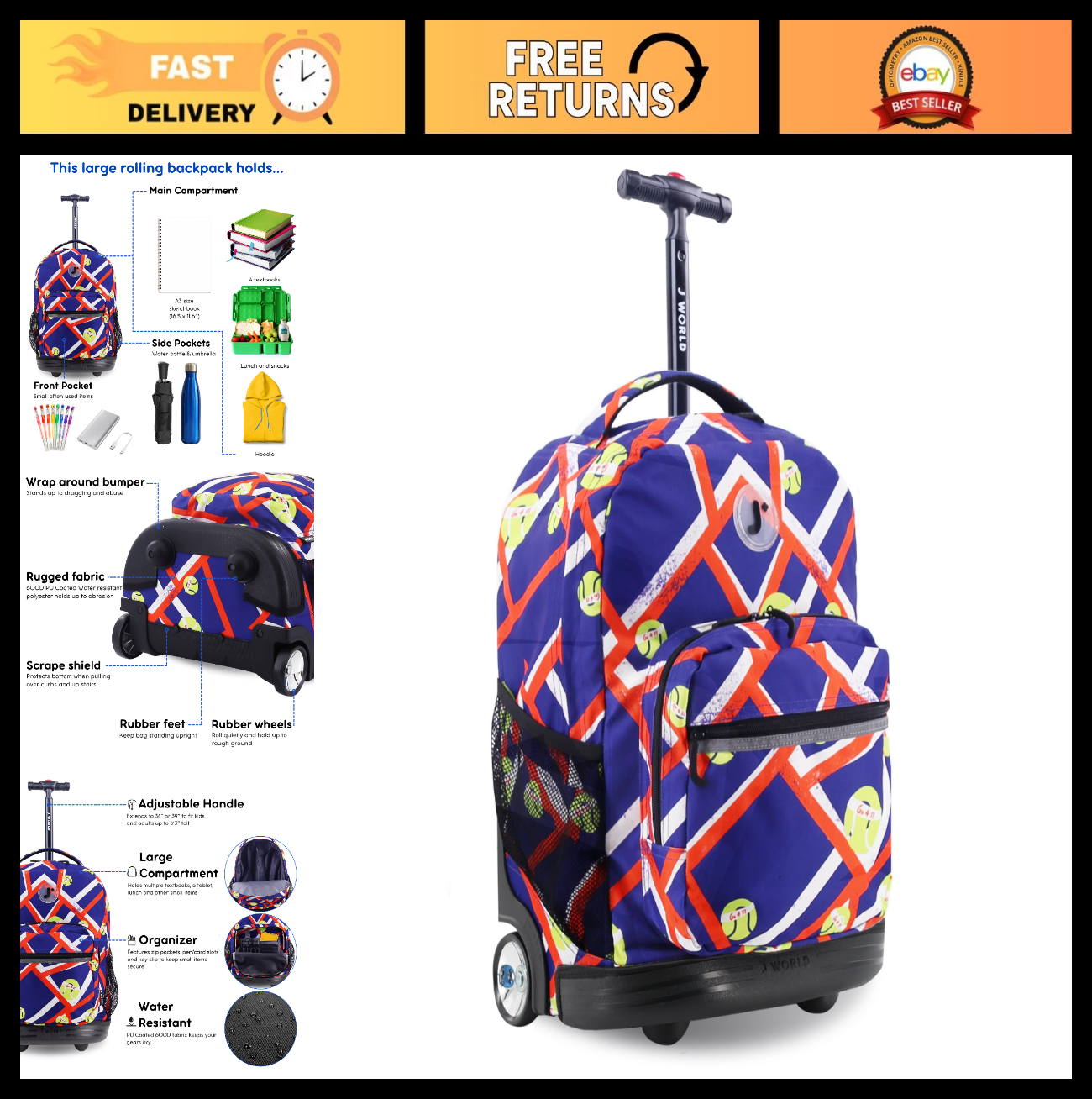 Kids Rolling Backpack with Wheels, 18" School Bookbag for Boys & Girls, Tennis D0