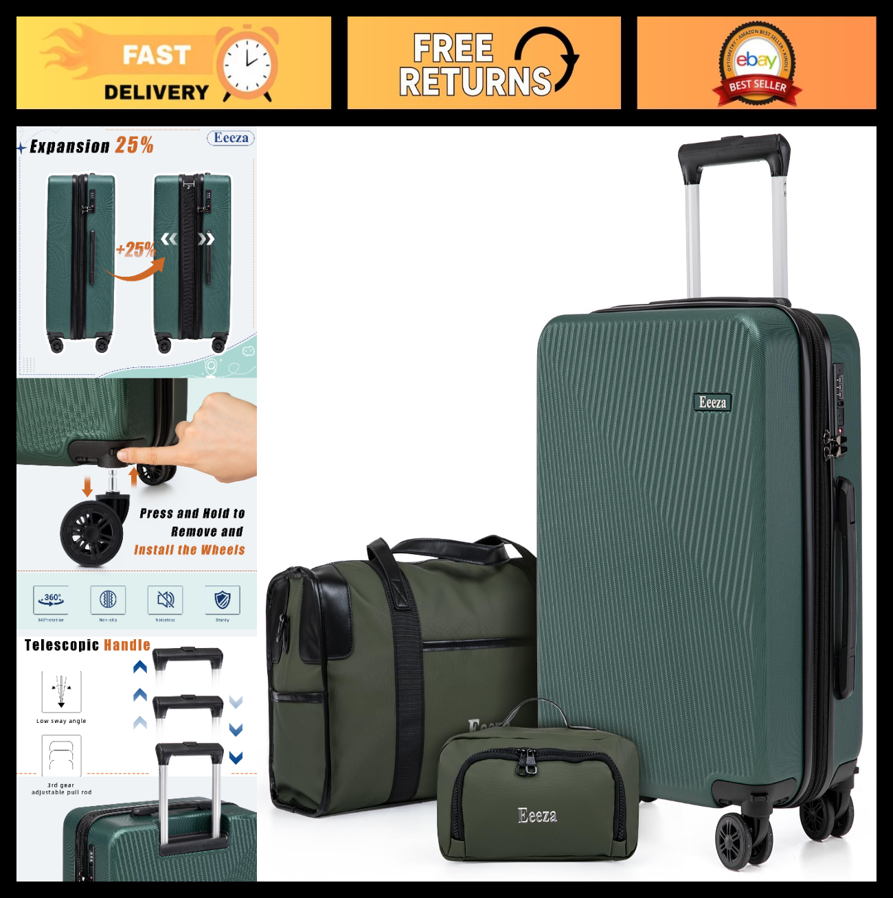 3-Piece Airline Approved Hardcase Luggage Set - 20" Olive Green, Scratch Resista0