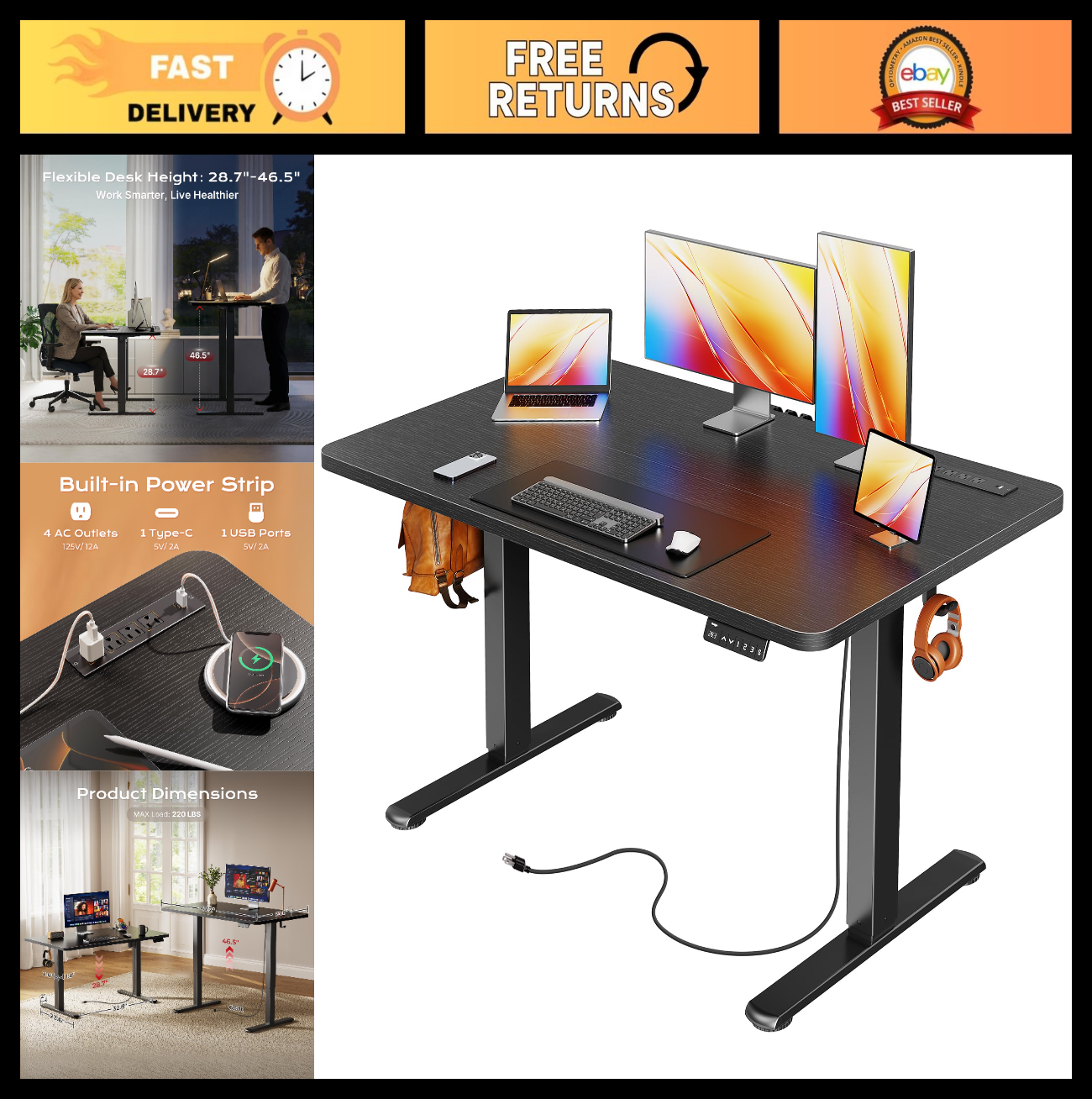 Height Adjustable Electric Standing Desk with USB-C & Power Outlets, 47x24" - Si0