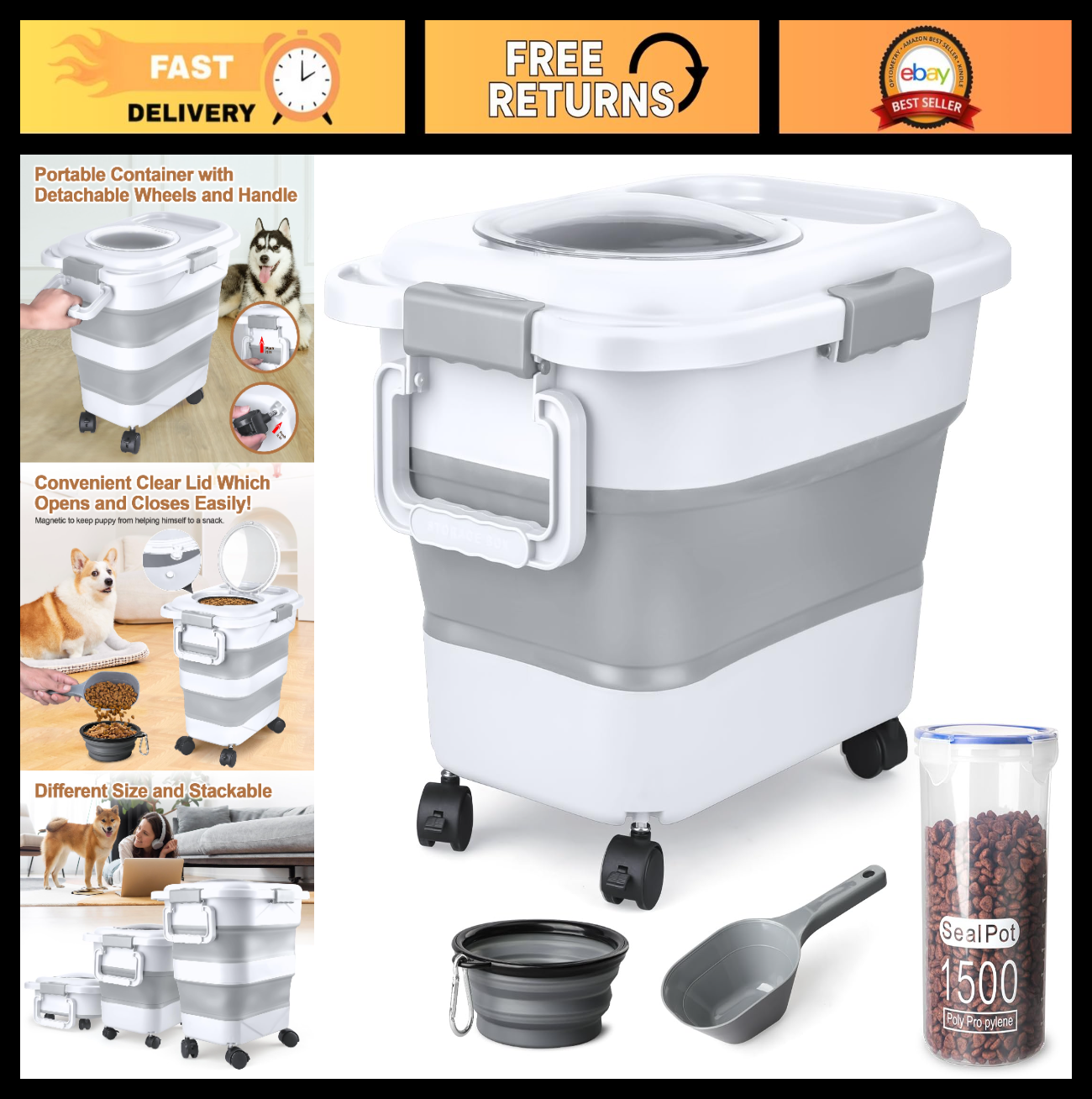 Airtight Dog Cat Food Storage Container 10 20 lbs with Wheels & Handle   Collaps0
