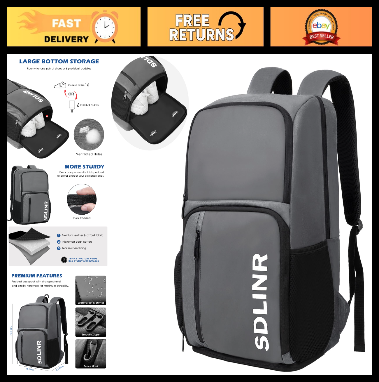 Large Pickleball Backpack Fits 4+ Paddles, Shoe Compartment, 35L, Water-Resistan0