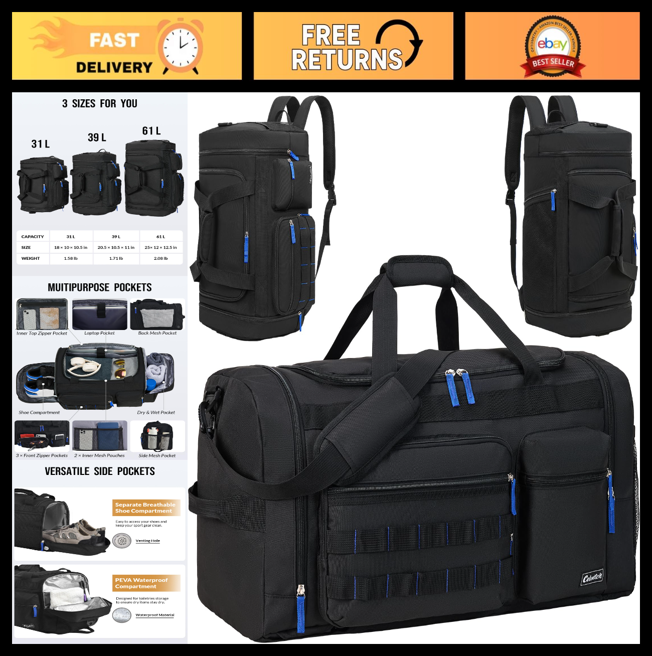 3-in-1 Gym Bag for Men & Women, 61L Travel Duffel Backpack, Wet Pocket & Shoe Co0