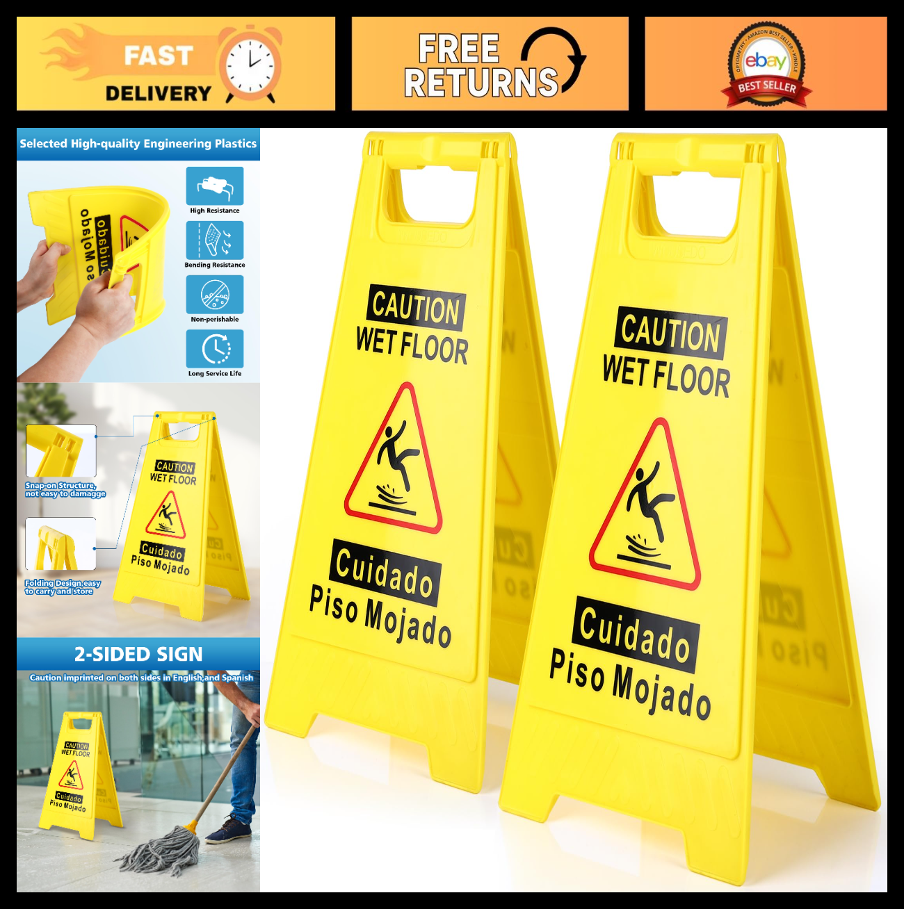 2 Pack Wet Floor Sign   17.5" Double Sided A Frame, Bright Yellow, Bilingual Cau0