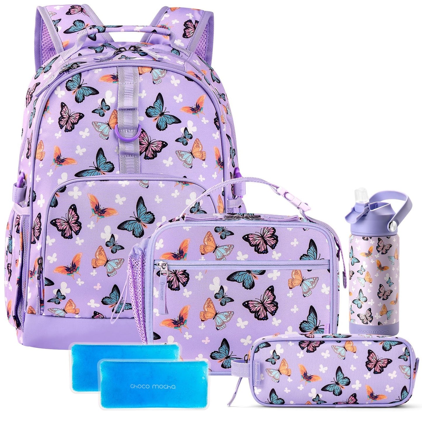 Girls Butterfly Backpack Set with Lunch Box & Water Bottle   17" Bookbag for Age1
