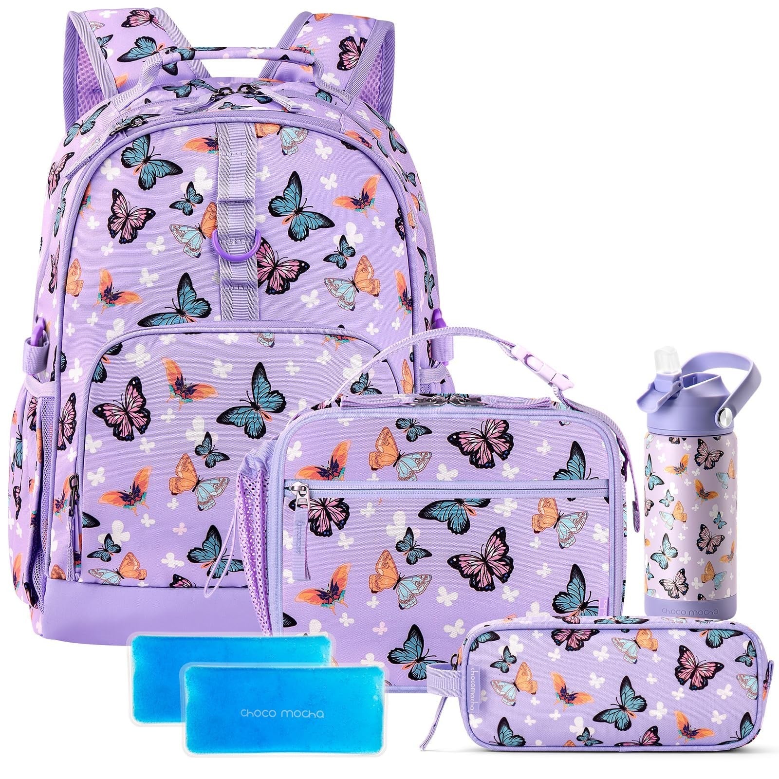 Girls Butterfly Backpack Set with Lunch Box & Water Bottle   17" Bookbag for Age1