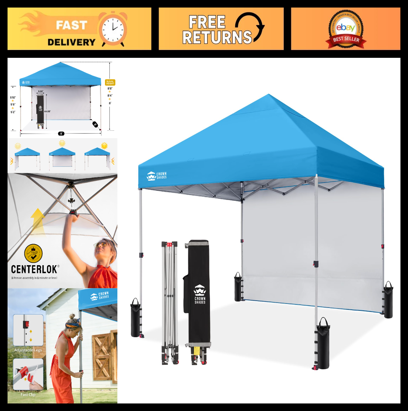 8x8 Pop Up Canopy Tent with Side Wall, Easy Setup Outdoor Shelter for Events, Be0