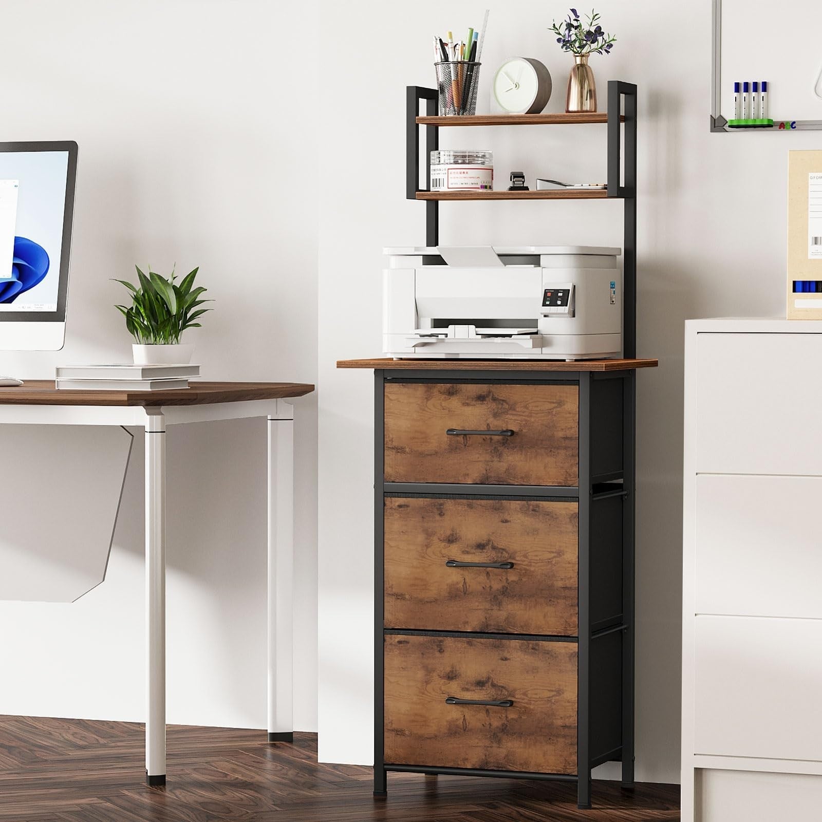 3 Drawer Tall File Cabinet with Extended Desktop, Vertical Filing Storage, Rusti2