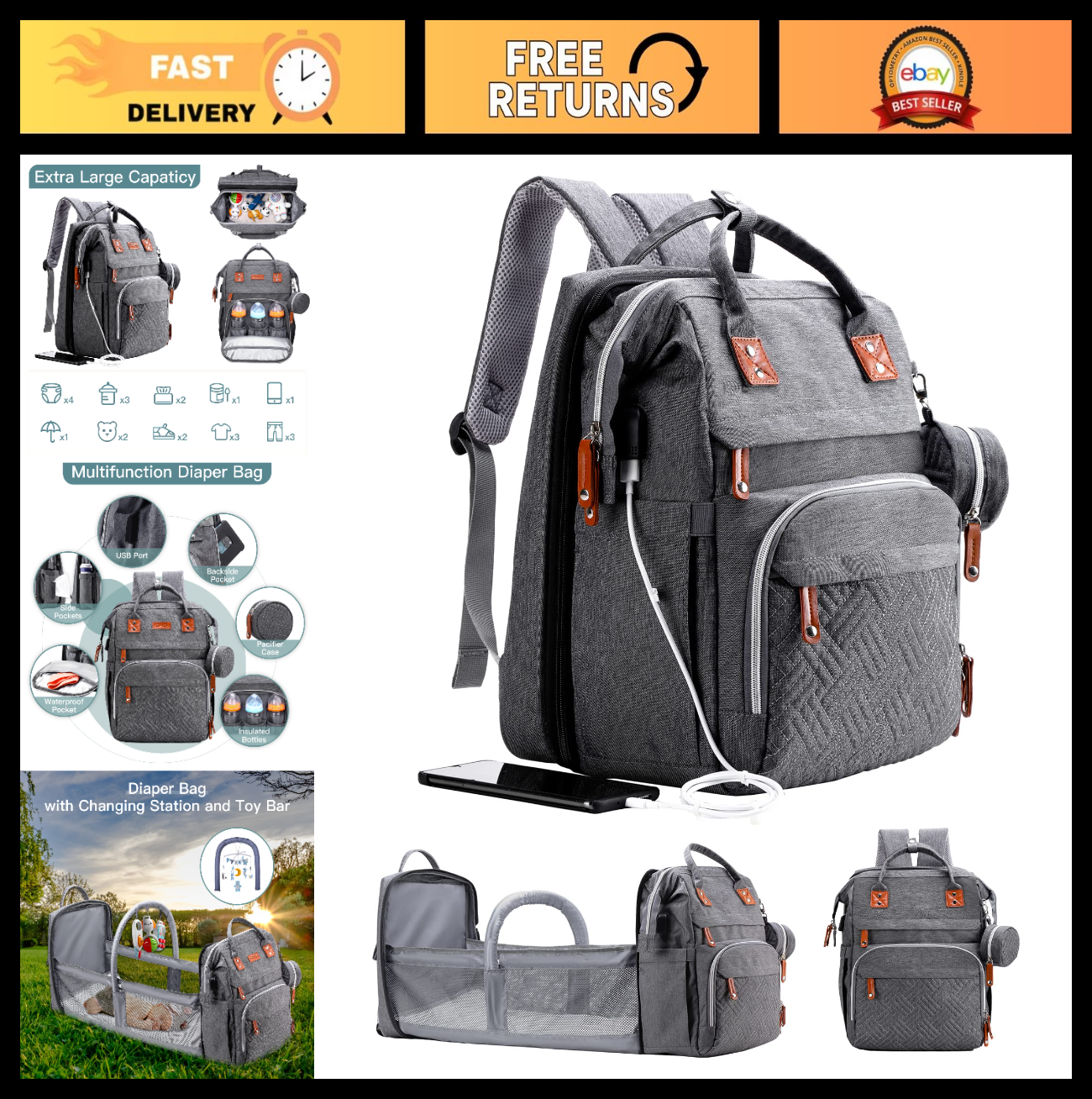 Diaper Bag Backpack with Changing Station, Baby Travel Bag for Mom   Deep Grey0